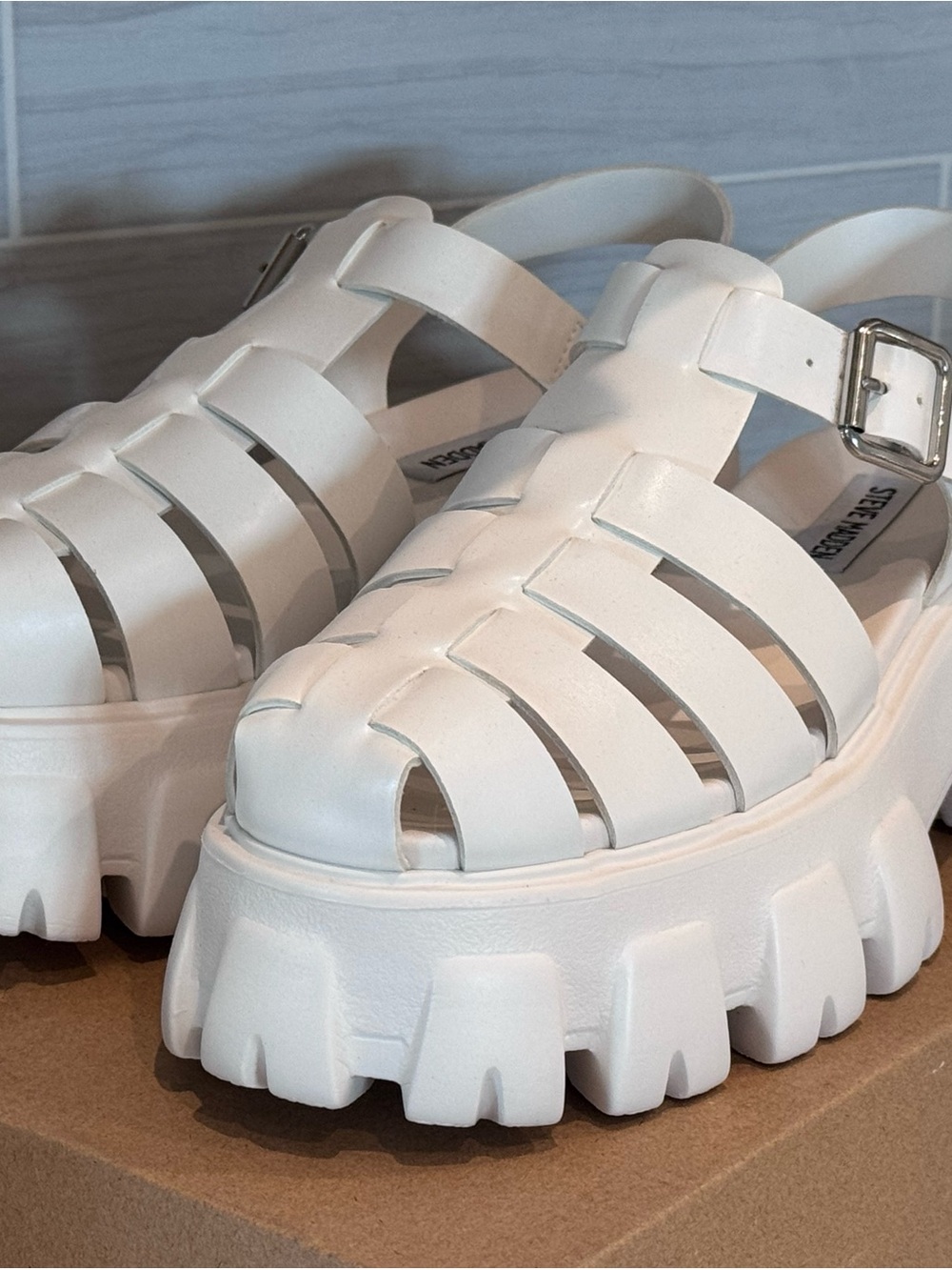 Steve Madden White Lug-Sole Fisherman Platform Sandals
